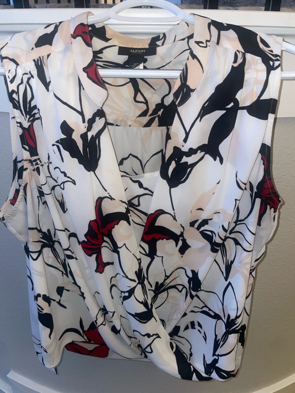 Alfani White Sleeveless Wrap-Front Blouse with Black & Red Floral Print